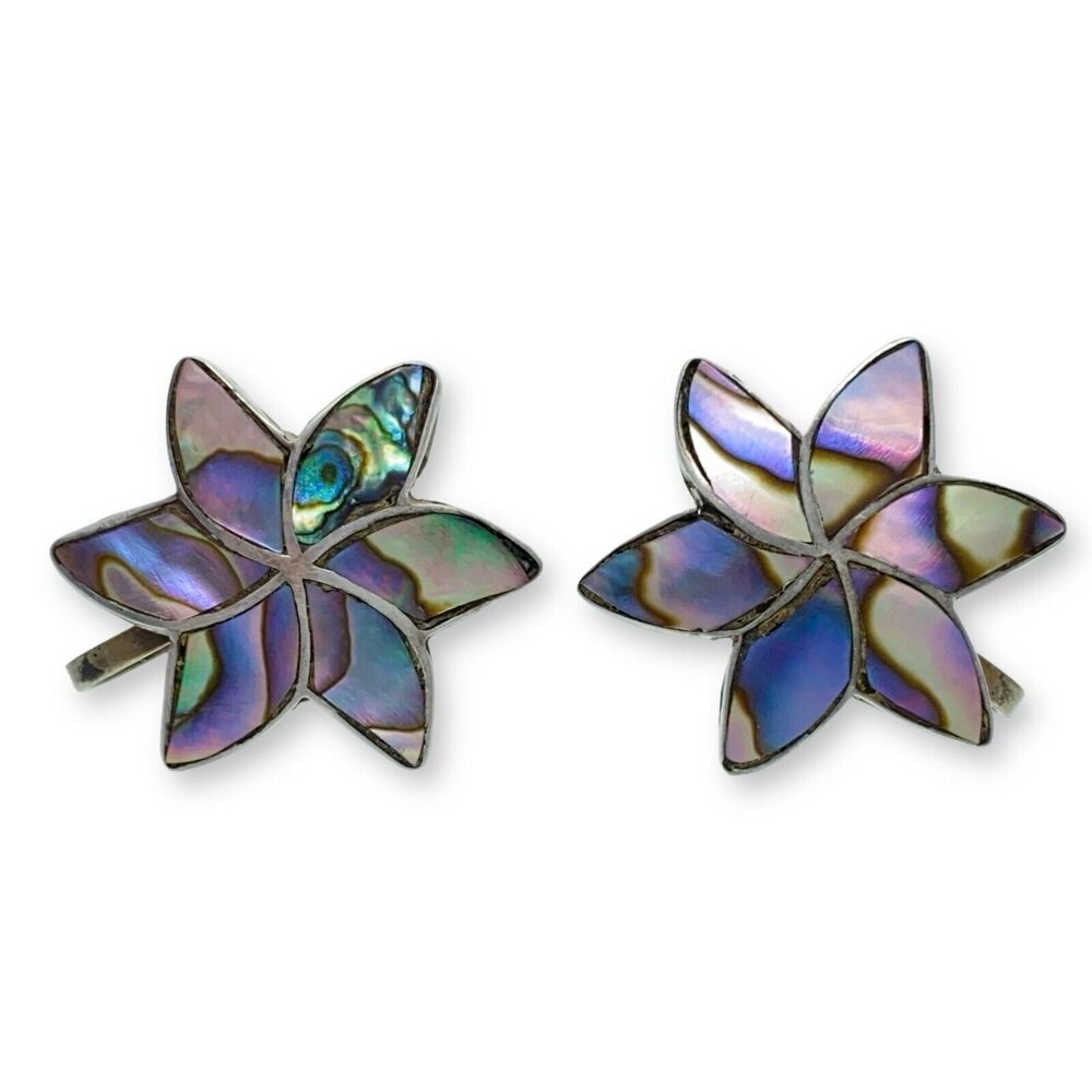 Vintage Sterling Silver 925 Mexico Abalone Flower Screw Back Earrings